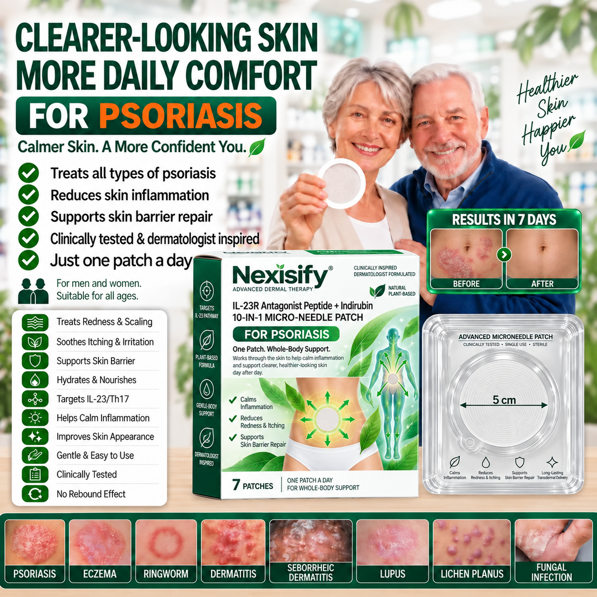 Nexisify®🏆🏆 IL-23R Antagonist Peptide + Indirubin 10-IN-1 Nano Microneedle Patch(Helps Reduce Visible Redness & Scaling, Soothe Dryness & Itching, Support Healthier Skin Cell Turnover & Skin Barrier Repair)