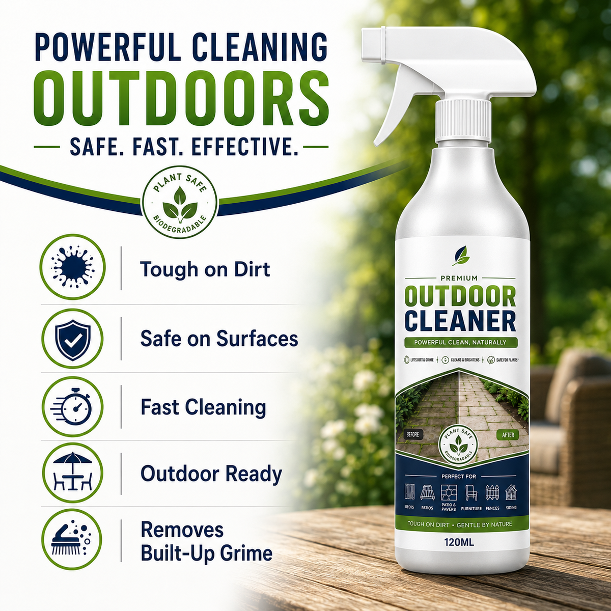 Outdoor Surface Cleaner Spray, Fast Acting Stain Remover for Patio, Wooden Furniture & Outdoor Surfaces