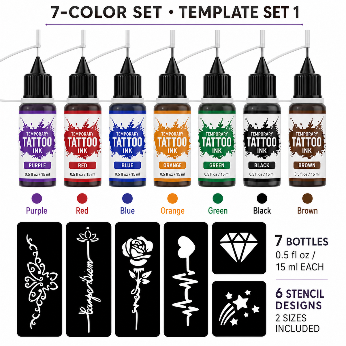 7-Color Temporary Tattoo Ink Kit with 1, 2 or 3 Stencil Sets – Waterproof, Sweat-Resistant DIY Body Art for Parties, Festivals, Stage Shows & More