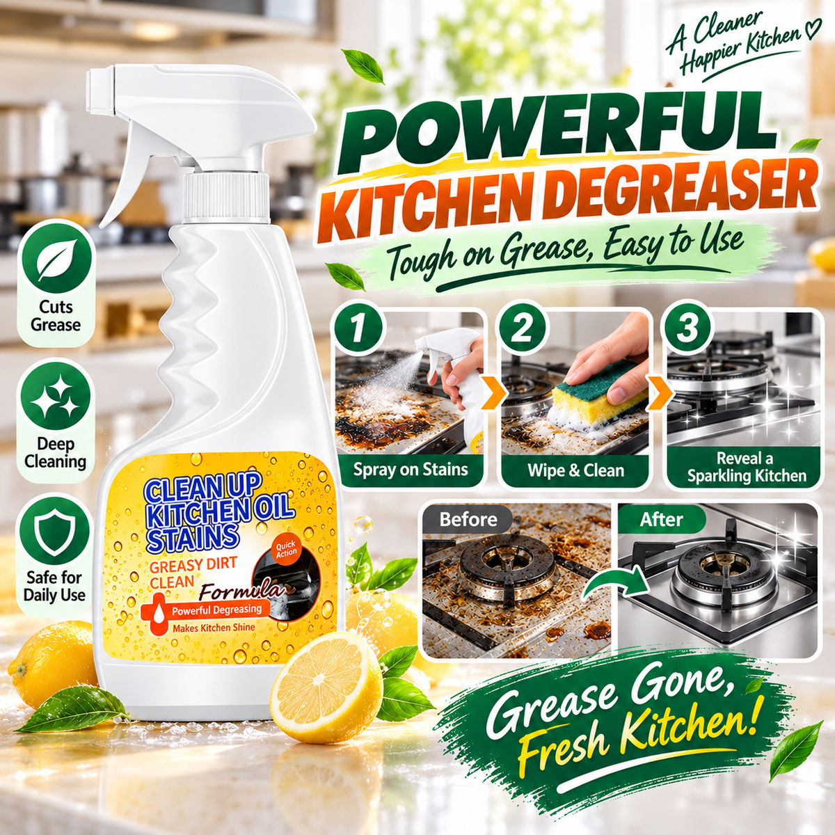 🏆 Heavy-Duty Kitchen Degreaser Spray – Fast Grease Remover 🍑