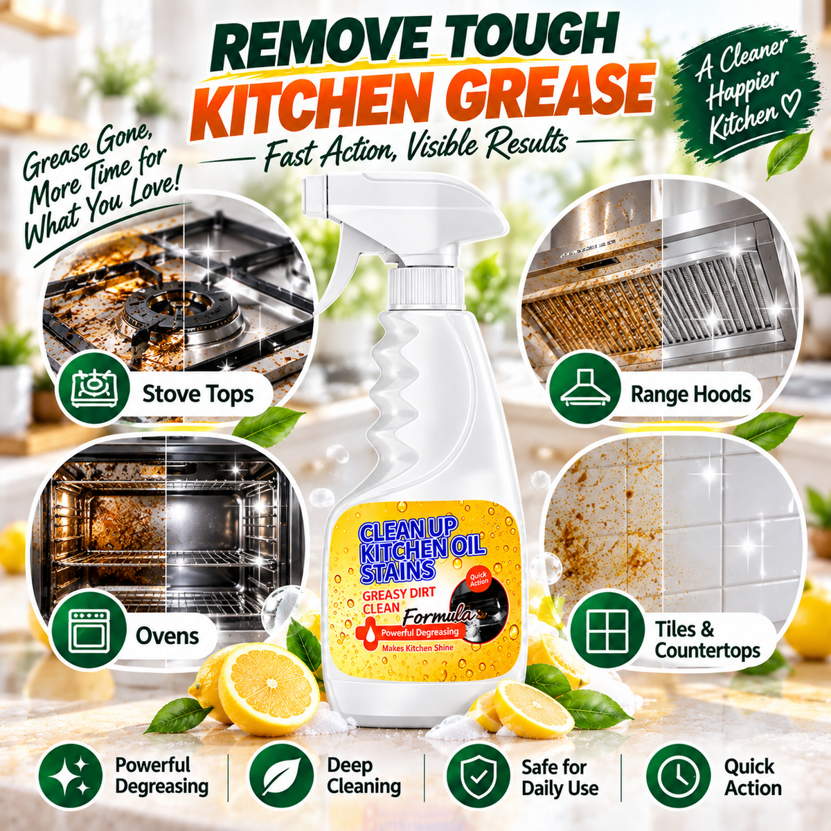 🏆 Heavy-Duty Kitchen Degreaser Spray – Fast Grease Remover 🍑