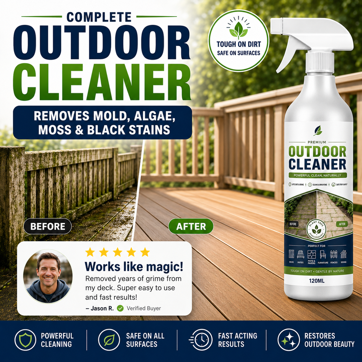Outdoor Surface Cleaner Spray, Fast Acting Stain Remover for Patio, Wooden Furniture & Outdoor Surfaces