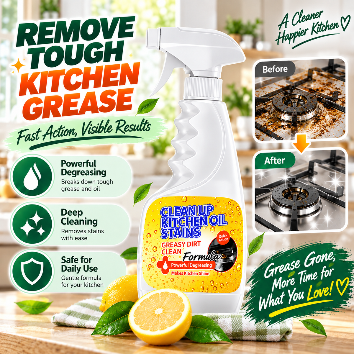 🏆 Heavy-Duty Kitchen Degreaser Spray – Fast Grease Remover 🍑