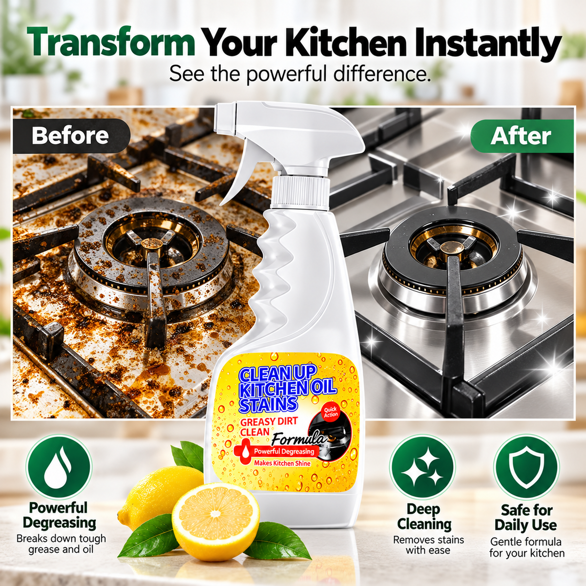 🏆 Heavy-Duty Kitchen Degreaser Spray – Fast Grease Remover 🍑