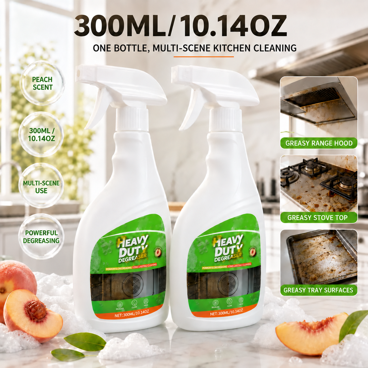 Powerful Active Spray Kitchen Cleaner—highly effective at removing grease and grime; a multi-purpose cleaner suitable for indoor stovetops, range hoods, ovens, and barbecue grills.