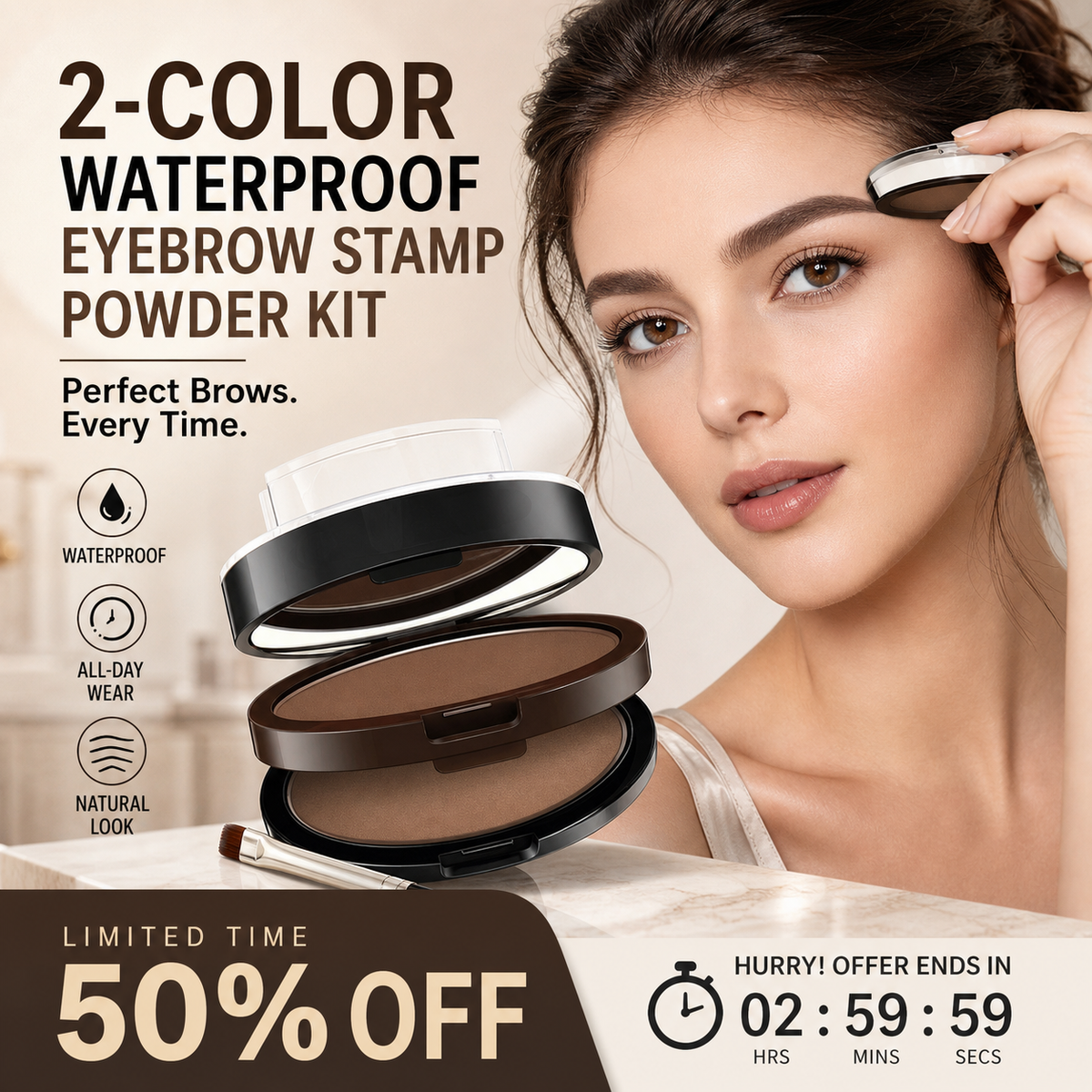 💄Buy 1 Get 1 Free! Almost Gone! 🖌️2-Color Waterproof Eyebrow Stamp Powder Kit, Smudge-Proof Quick Natural Full Brow Makeup with Dual-End Brush