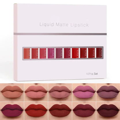 10-Piece Matte Waterproof Lip Gloss Set – Bold Color, All-Day Stay