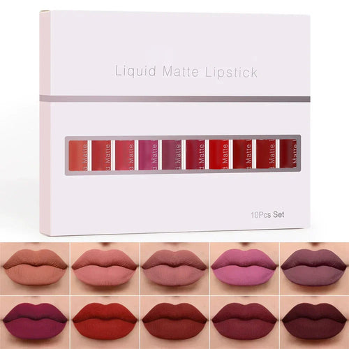 10-Piece Matte Waterproof Lip Gloss Set – Bold Color, All-Day Stay