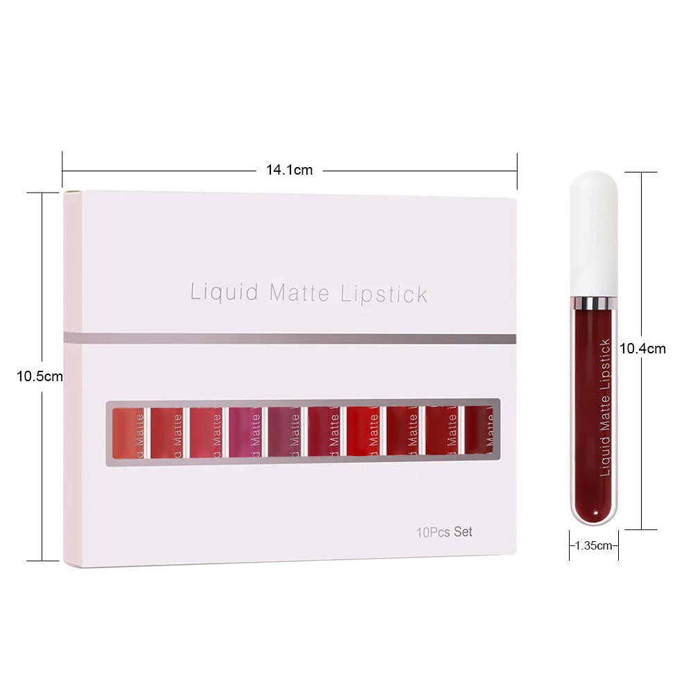 10-Piece Matte Waterproof Lip Gloss Set – Bold Color, All-Day Stay
