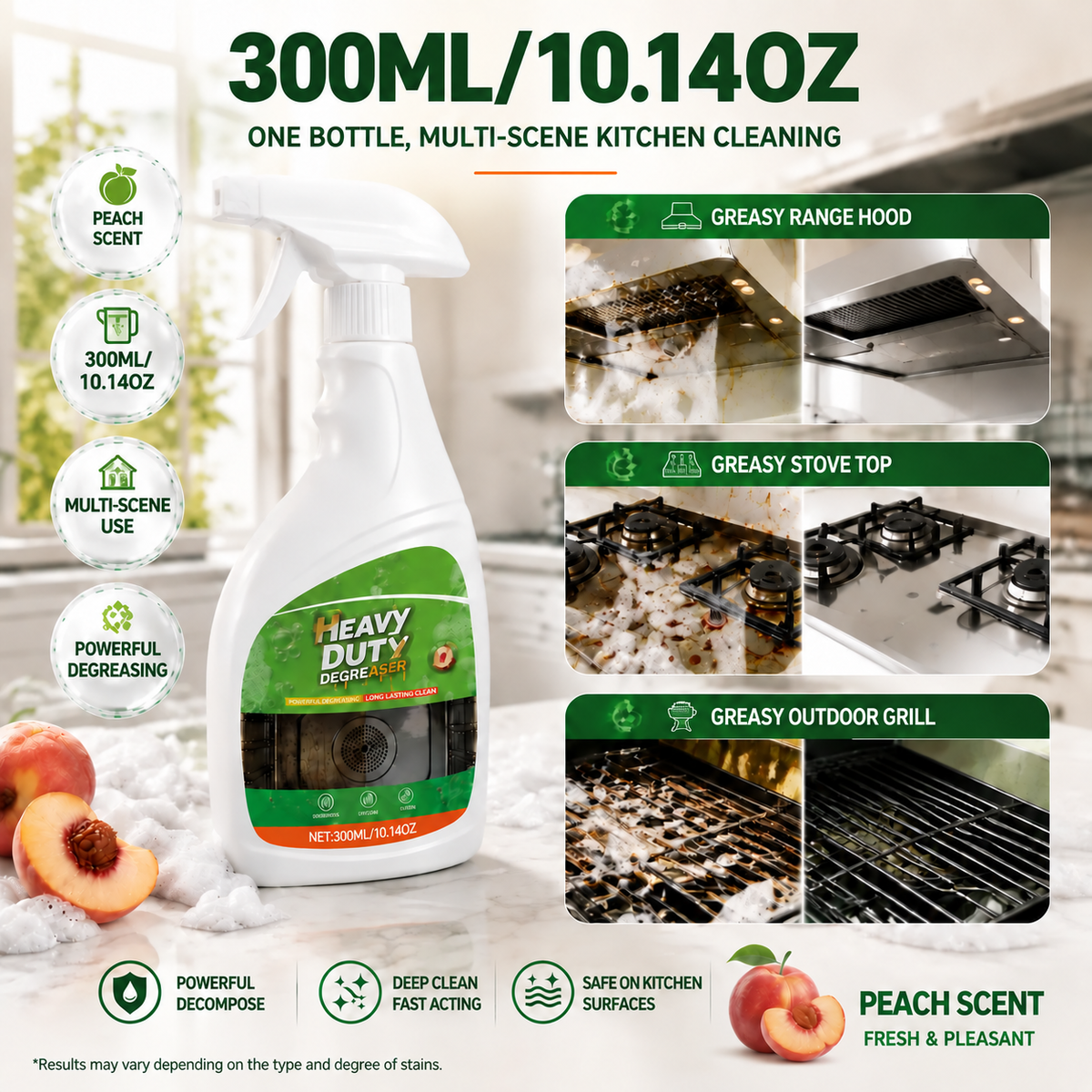 Powerful Active Spray Kitchen Cleaner—highly effective at removing grease and grime; a multi-purpose cleaner suitable for indoor stovetops, range hoods, ovens, and barbecue grills.