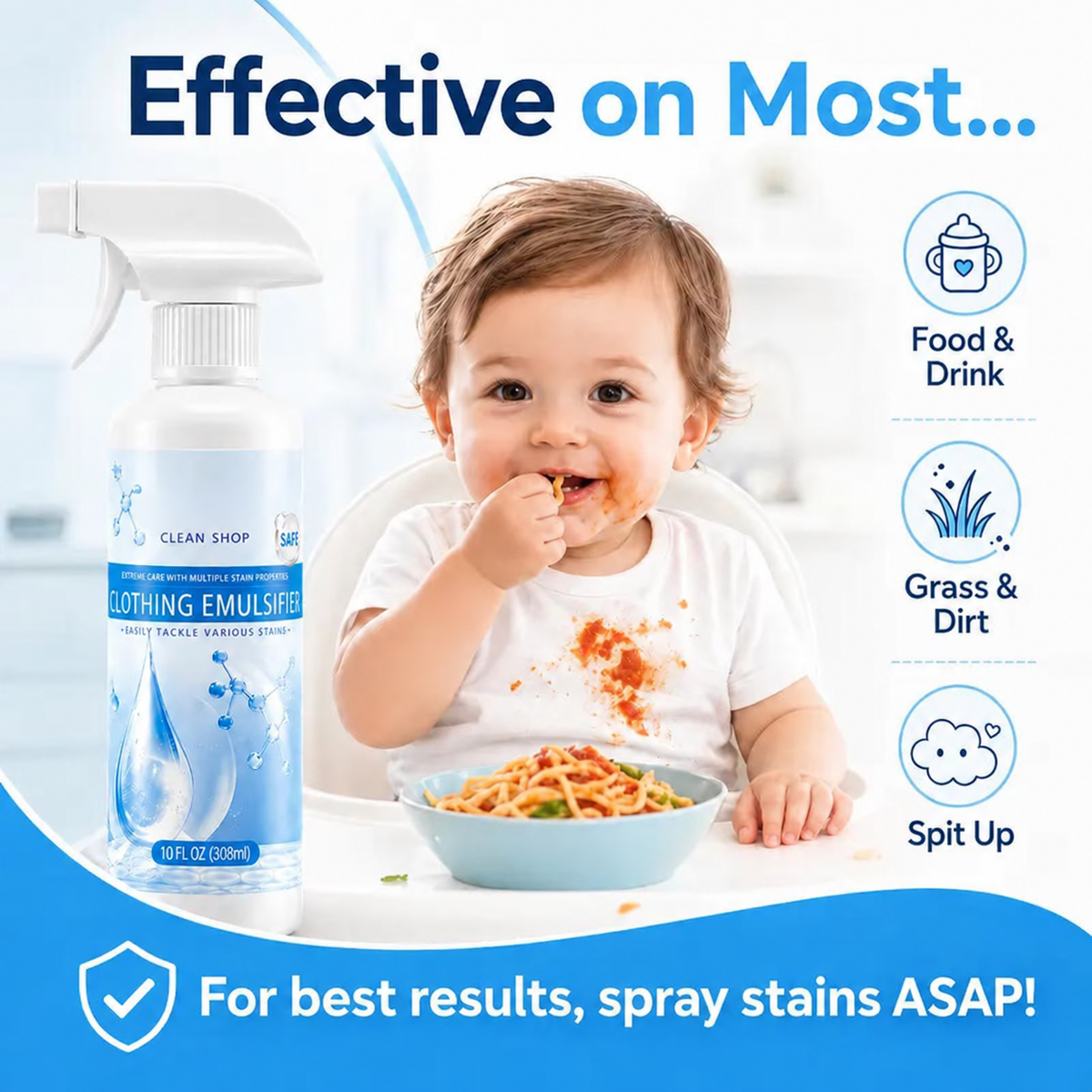 Stain and Food Residue Cleaning Spray—effectively removes food residue, oil stains, and coffee stains from clothing, undergarments, and various types of fabrics.